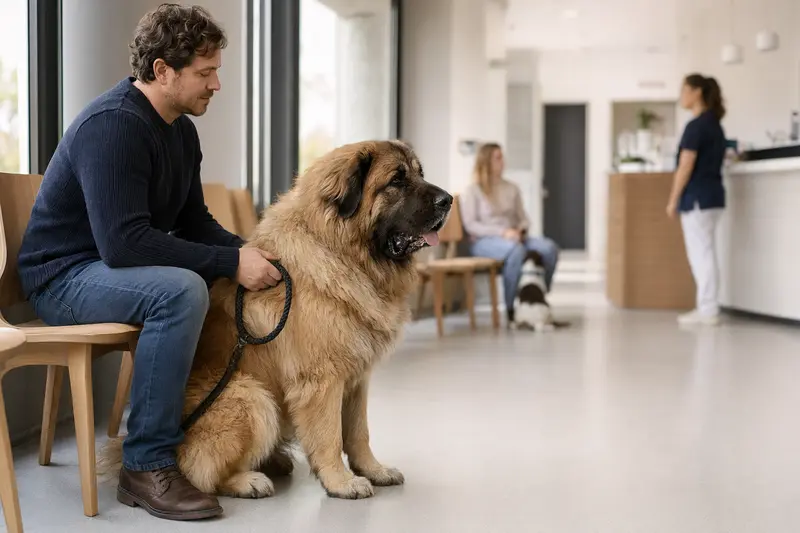 Ein Kashmir Mastiff sitzt ruhig neben seinem Besitzer im hellen Wartezimmer einer Tierarztpraxis.